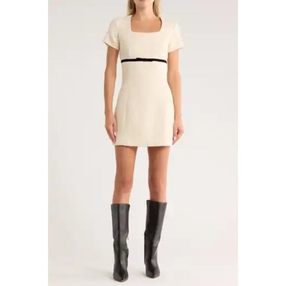 FRENCH CONNECTION Velvet Bow Short Sleeve Bouclé Minidress in Cream/ Black - Picture 10 of 11